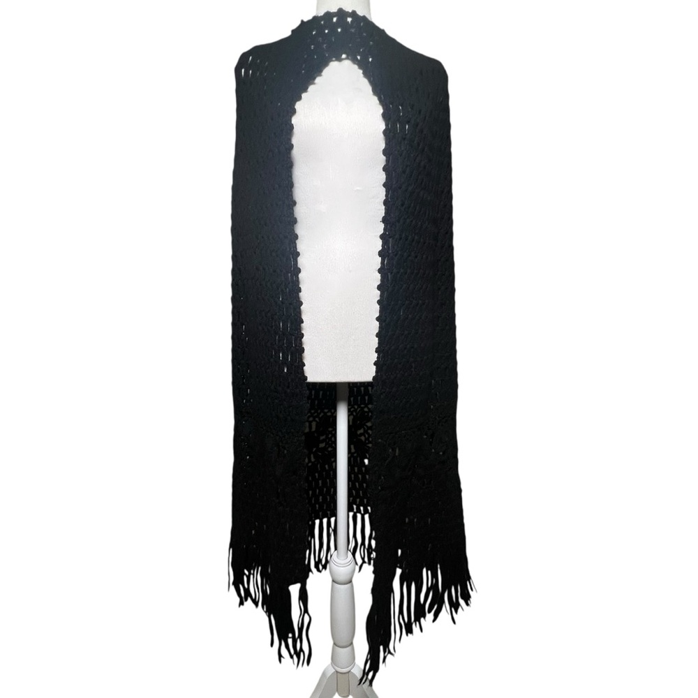 VTG Sweater Bee by BANFF Black Wool Open Knit Fringed Hooded Cape Layering Fairy